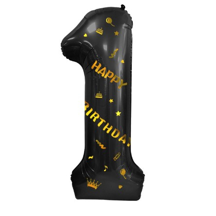 Balon din Folie Metalizata , Figurina Cifra, Scris Happy Birthday, Tema Aniversare 100 cm, Ambalaj Individual, Pai inclus, Umflare cu Aer sau Heliu, Negru, Cifra 1 [6]