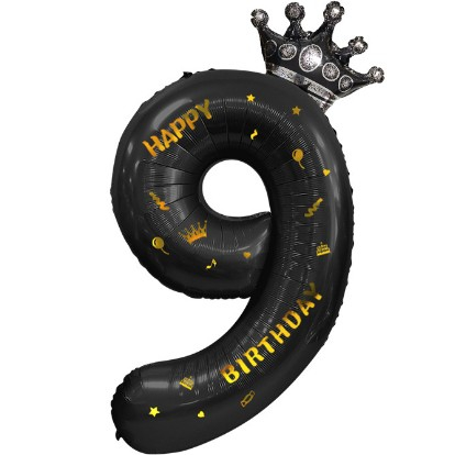 Balon din Folie Metalizata , Figurina Cifra si Coroana, Scris Happy Birthday, Tema Aniversare 100 cm, Ambalaj Individual, Pai inclus, Umflare cu Aer sau Heliu, Negru, Cifra 9 [5]