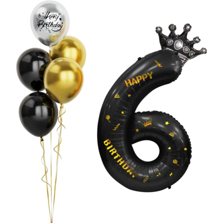 Balon din Folie Metalizata , Figurina Cifra si Coroana, Scris Happy Birthday, Tema Aniversare 100 cm, Ambalaj Individual, Pai inclus, Umflare cu Aer sau Heliu, Negru, Cifra 6 [2]