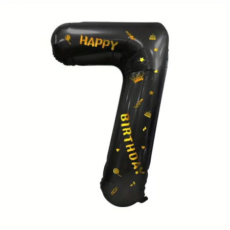 Balon din Folie Metalizata , Figurina Cifra si Coroana, Scris Happy Birthday, Tema Aniversare 100 cm, Ambalaj Individual, Pai inclus, Umflare cu Aer sau Heliu, Negru, Cifra 7 [4]