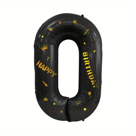 Balon din Folie Metalizata , Figurina Cifra si Coroana, Scris Happy Birthday, Tema Aniversare 100 cm, Ambalaj Individual, Pai inclus, Umflare cu Aer sau Heliu, Negru, Cifra 0 [5]