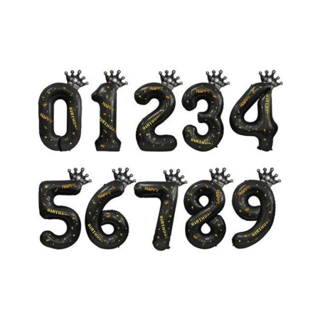 Balon din Folie Metalizata , Figurina Cifra si Coroana, Scris Happy Birthday, Tema Aniversare 100 cm, Ambalaj Individual, Pai inclus, Umflare cu Aer sau Heliu, Negru, Cifra 0 [3]