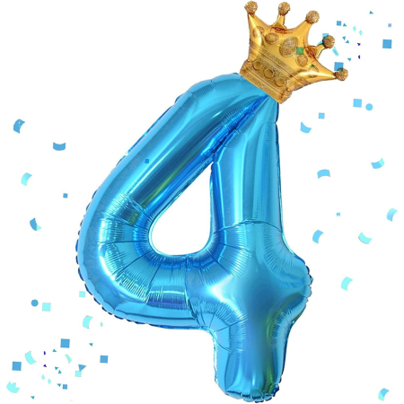 Balon din Folie Metalizata , Figurina Cifra si Coroana, Tema Aniversare 100 cm, Ambalaj Individual, Pai inclus, Umflare cu Aer sau Heliu, Albastru, Cifra 4 [1]