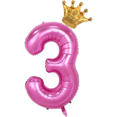 Balon din Folie Metalizata , Figurina Cifra si Coroana, Tema Aniversare 100 cm, Ambalaj Individual, Pai inclus, Umflare cu Aer sau Heliu, Roz, Cifra 3 [3]