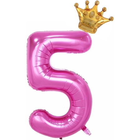 Balon din Folie Metalizata , Figurina Cifra si Coroana, Tema Aniversare 100 cm, Ambalaj Individual, Pai inclus, Umflare cu Aer sau Heliu, Roz, Cifra 5 [3]