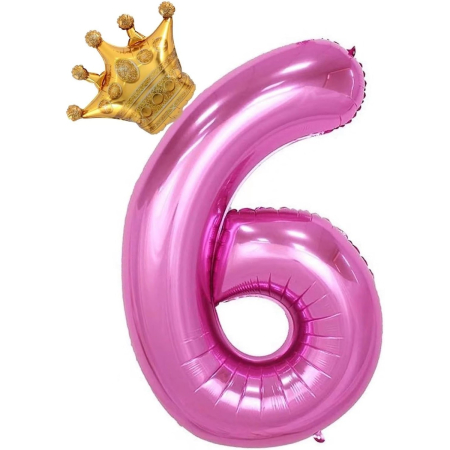 Balon din Folie Metalizata , Figurina Cifra si Coroana, Tema Aniversare 100 cm, Ambalaj Individual, Pai inclus, Umflare cu Aer sau Heliu, Roz, Cifra 6 [3]