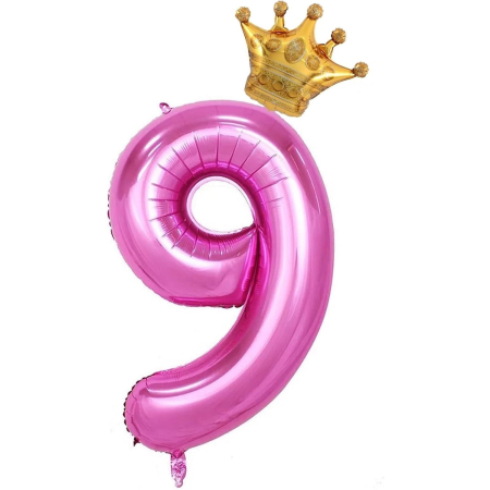 Balon din Folie Metalizata , Figurina Cifra si Coroana, Tema Aniversare 100 cm, Ambalaj Individual, Pai inclus, Umflare cu Aer sau Heliu, Roz, Cifra 9 [3]