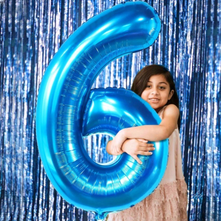 Balon din Folie Metalizata , Figurina Cifra, Tema Aniversare 100 cm, Ambalaj Individual, Pai inclus, Umflare cu Aer sau Heliu, Albastru, Cifra 6 [1]