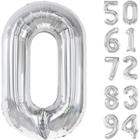 Balon din Folie Metalizata, , Figurina Cifra, Tema Aniversare 100 cm, Ambalaj Individual, Pai inclus, Umflare cu Aer sau Heliu, Argintiu, Cifra 0 [6]
