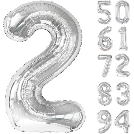 Balon din Folie Metalizata, , Figurina Cifra, Tema Aniversare 100 cm, Ambalaj Individual, Pai inclus, Umflare cu Aer sau Heliu, Argintiu, Cifra 2 [7]