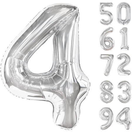 Balon din Folie Metalizata, , Figurina Cifra, Tema Aniversare 100 cm, Ambalaj Individual, Pai inclus, Umflare cu Aer sau Heliu, Argintiu, Cifra 4 [1]