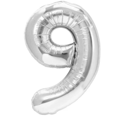 ✨TOATE PRODUSELE✨ - Balon din Folie Metalizata, , Figurina Cifra, Tema Aniversare 100 cm, Ambalaj Individual, Pai inclus, Umflare cu Aer sau Heliu, Argintiu, Cifra 9