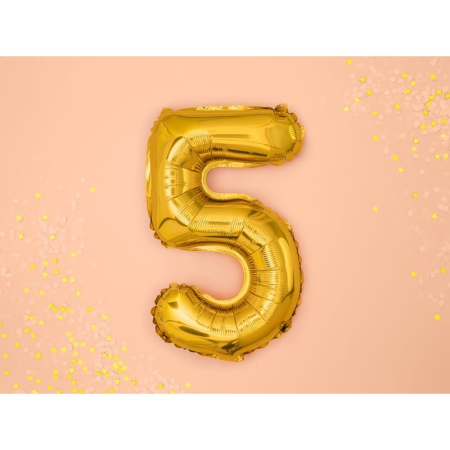 Balon din Folie Metalizata , Figurina Cifra, Tema Aniversare 100 cm, Ambalaj Individual, Pai inclus, Umflare cu Aer sau Heliu, Auriu, Cifra 5 [1]