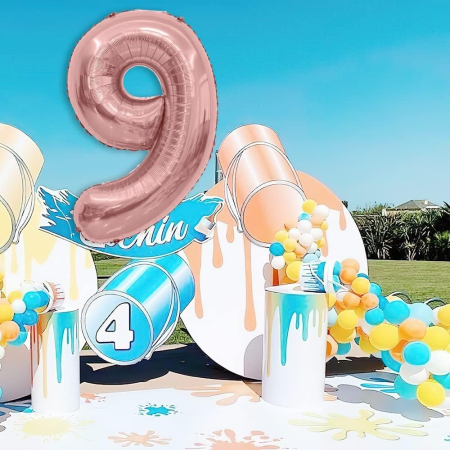 Balon din Folie Metalizata , Figurina Cifra, Tema Aniversare 100 cm, Ambalaj Individual, Pai inclus, Umflare cu Aer sau Heliu, Coral, Rose Gold, Cifra 9 [2]