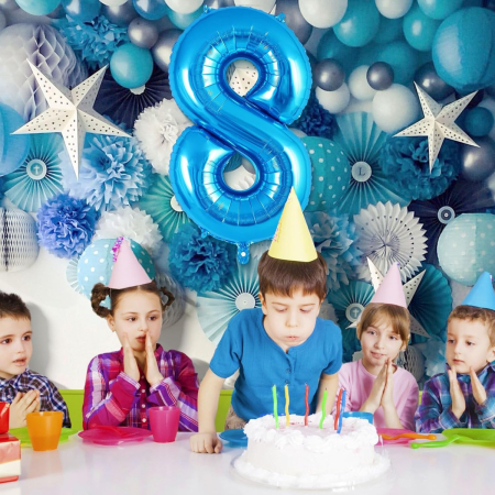 Balon din Folie Metalizata , Figurina Cifra, Tema Aniversare 40 cm, Ambalaj Individual, Pai inclus, Umflare cu Aer sau Heliu, Albastru, Cifra 8 [2]