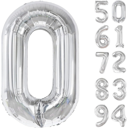 Balon din Folie Metalizata, , Figurina Cifra, Tema Aniversare 40 cm, Ambalaj Individual, Pai inclus, Umflare cu Aer sau Heliu, Argintiu, Cifra 0 [7]