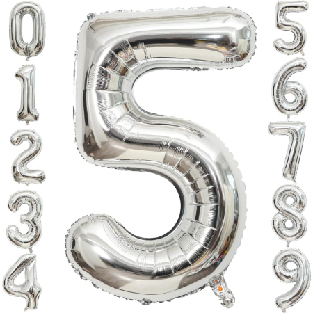 Balon din Folie Metalizata , Figurina Cifra, Tema Aniversare 40 cm, Ambalaj Individual, Pai inclus, Umflare cu Aer sau Heliu, Argintiu, Cifra 5 [6]