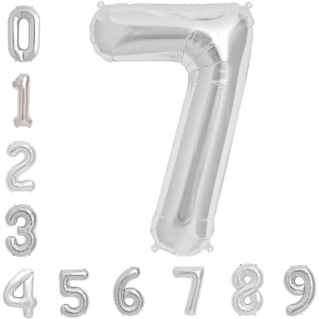 Balon din Folie Metalizata , Figurina Cifra, Tema Aniversare 40 cm, Ambalaj Individual, Pai inclus, Umflare cu Aer sau Heliu, Argintiu, Cifra 7 [6]