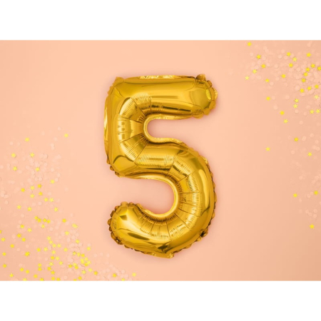 Balon din Folie Metalizata , Figurina Cifra, Tema Aniversare 40 cm, Ambalaj Individual, Pai inclus, Umflare cu Aer sau Heliu, Auriu, Cifra 5 [2]