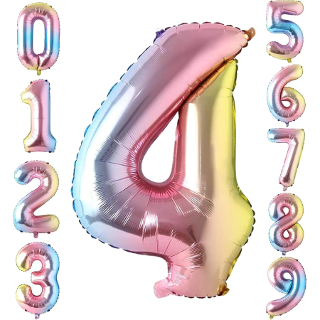 Balon din Folie Metalizata , Figurina Cifra, Tema Aniversare 40 cm, Ambalaj Individual, Pai inclus, Umflare cu Aer sau Heliu, Multicolor, Cifra 4 [2]