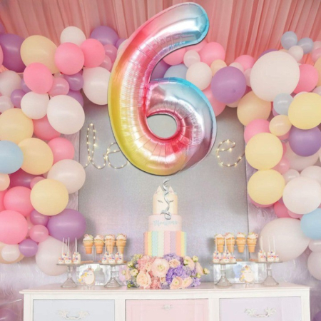 Balon din Folie Metalizata , Figurina Cifra, Tema Aniversare 40 cm, Ambalaj Individual, Pai inclus, Umflare cu Aer sau Heliu, Multicolor, Cifra 6 [1]