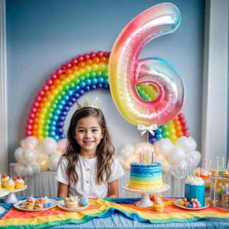 Balon din Folie Metalizata , Figurina Cifra, Tema Aniversare 40 cm, Ambalaj Individual, Pai inclus, Umflare cu Aer sau Heliu, Multicolor, Cifra 6 [3]