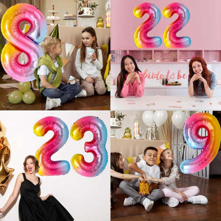 Balon din Folie Metalizata , Figurina Cifra, Tema Aniversare 40 cm, Ambalaj Individual, Pai inclus, Umflare cu Aer sau Heliu, Multicolor, Cifra 8 [2]