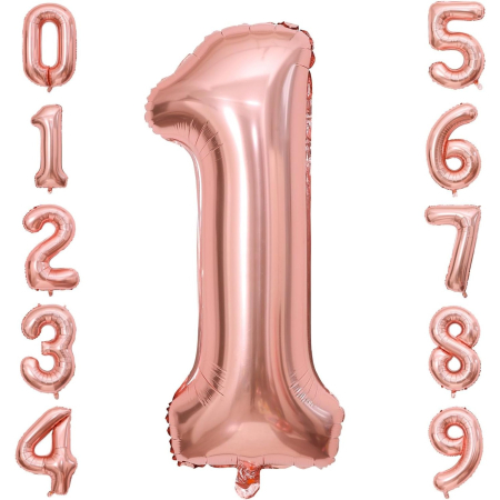 Balon din Folie Metalizata , Figurina Cifra, Tema Aniversare 40 cm, Ambalaj Individual, Pai inclus, Umflare cu Aer sau Heliu, Rose Gold, Cifra 1 [5]