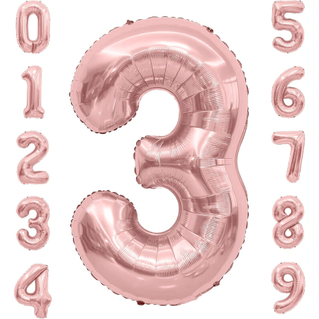 Balon din Folie Metalizata , Figurina Cifra, Tema Aniversare 40 cm, Ambalaj Individual, Pai inclus, Umflare cu Aer sau Heliu, Rose Gold, Cifra 3 [3]