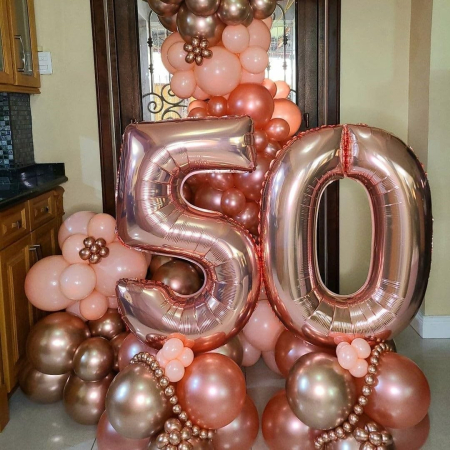 Balon din Folie Metalizata , Figurina Cifra, Tema Aniversare 40 cm, Ambalaj Individual, Pai inclus, Umflare cu Aer sau Heliu, Rose Gold, Cifra 5 [6]