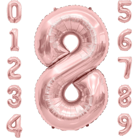 Balon din Folie Metalizata , Figurina Cifra, Tema Aniversare 40 cm, Ambalaj Individual, Pai inclus, Umflare cu Aer sau Heliu, Rose Gold, Cifra 8 [4]