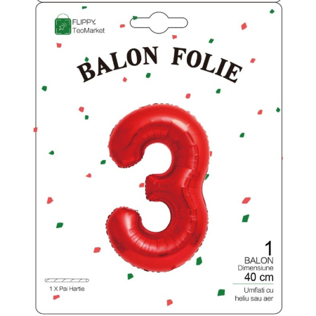 Balon din Folie Metalizata , Figurina Cifra, Tema Aniversare 40 cm, Ambalaj Individual, Pai inclus, Umflare cu Aer sau Heliu, Rosu, Cifra 3 [1]
