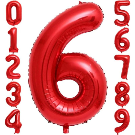 Balon din Folie Metalizata , Figurina Cifra, Tema Aniversare 40 cm, Ambalaj Individual, Pai inclus, Umflare cu Aer sau Heliu, Rosu, Cifra 6 [3]