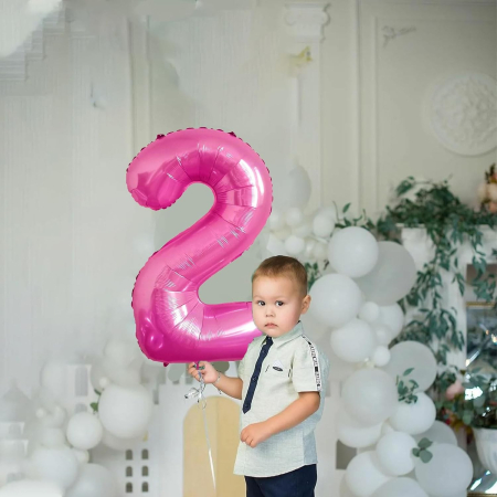 Balon din Folie Metalizata , Figurina Cifra, Tema Aniversare 40 cm, Ambalaj Individual, Pai inclus, Umflare cu Aer sau Heliu, Roz, Cifra 2 [3]