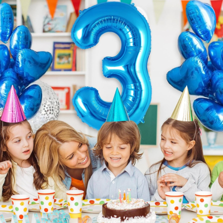 Balon din Folie Metalizata, , Figurina Cifra, Tema Aniversare 80 cm, Ambalaj Individual, Pai inclus, Umflare cu Aer sau Heliu, Albastru, Cifra 3 [5]