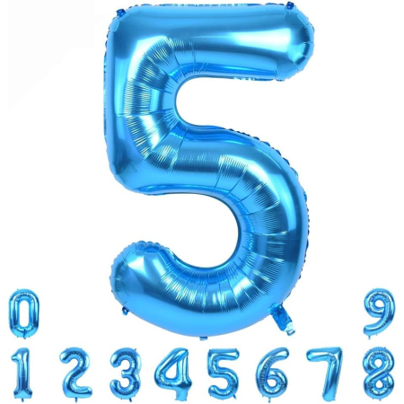 Balon din Folie Metalizata, , Figurina Cifra, Tema Aniversare 80 cm, Ambalaj Individual, Pai inclus, Umflare cu Aer sau Heliu, Albastru, Cifra 5 [7]