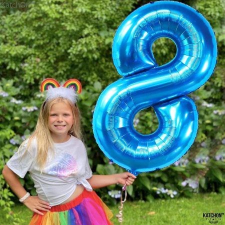 Balon din Folie Metalizata, , Figurina Cifra, Tema Aniversare 80 cm, Ambalaj Individual, Pai inclus, Umflare cu Aer sau Heliu, Albastru, Cifra 8 [8]