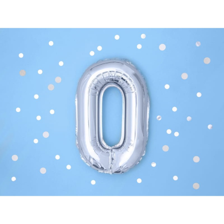 Balon din Folie Metalizata, , Figurina Cifra, Tema Aniversare 80 cm, Ambalaj Individual, Pai inclus, Umflare cu Aer sau Heliu, Argintiu, Cifra 0 [9]