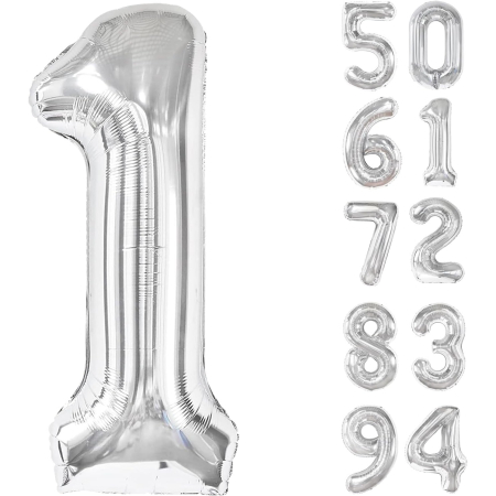 Balon din Folie Metalizata, , Figurina Cifra, Tema Aniversare 80 cm, Ambalaj Individual, Pai inclus, Umflare cu Aer sau Heliu, Argintiu, Cifra 1 [7]