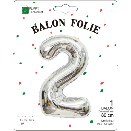Balon din Folie Metalizata, , Figurina Cifra, Tema Aniversare 80 cm, Ambalaj Individual, Pai inclus, Umflare cu Aer sau Heliu, Argintiu, Cifra 2 [1]