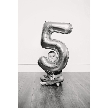 Balon din Folie Metalizata, , Figurina Cifra, Tema Aniversare 80 cm, Ambalaj Individual, Pai inclus, Umflare cu Aer sau Heliu, Argintiu, Cifra 5 [7]