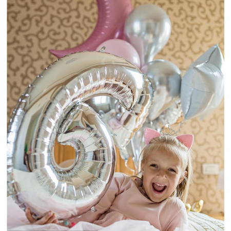 Balon din Folie Metalizata, , Figurina Cifra, Tema Aniversare 80 cm, Ambalaj Individual, Pai inclus, Umflare cu Aer sau Heliu, Argintiu, Cifra 6 [10]