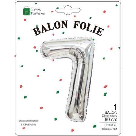 Balon din Folie Metalizata, , Figurina Cifra, Tema Aniversare 80 cm, Ambalaj Individual, Pai inclus, Umflare cu Aer sau Heliu, Argintiu, Cifra 7 [1]