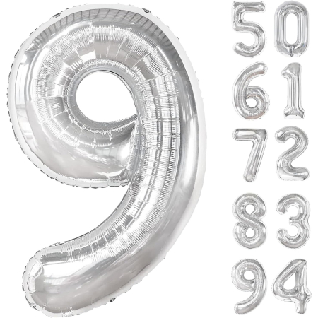 Balon din Folie Metalizata, , Figurina Cifra, Tema Aniversare 80 cm, Ambalaj Individual, Pai inclus, Umflare cu Aer sau Heliu, Argintiu, Cifra 9 [5]