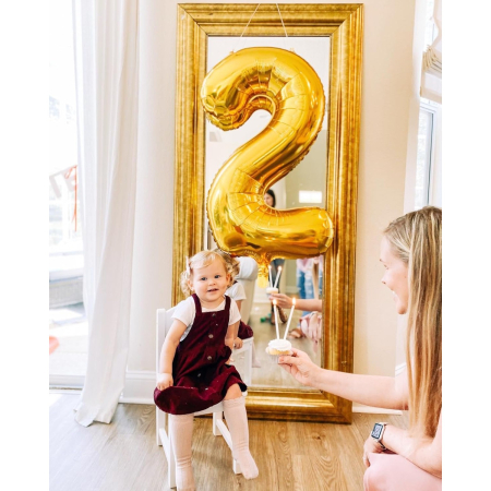 Balon din Folie Metalizata , Figurina Cifra, Tema Aniversare 80 cm, Ambalaj Individual, Pai inclus, Umflare cu Aer sau Heliu, Auriu, Cifra 2 [5]