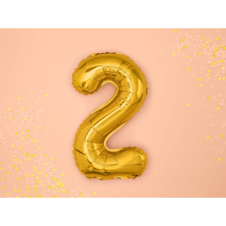 Balon din Folie Metalizata , Figurina Cifra, Tema Aniversare 80 cm, Ambalaj Individual, Pai inclus, Umflare cu Aer sau Heliu, Auriu, Cifra 2 [2]