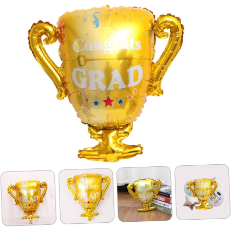 Balon din Folie Metalizata, , Figurina Cupa, Tema Absolvire, 65x72cm, Ambalaj Individual, Pai Inclus, Umflare cu Aer sau Heliu, Galben [2]