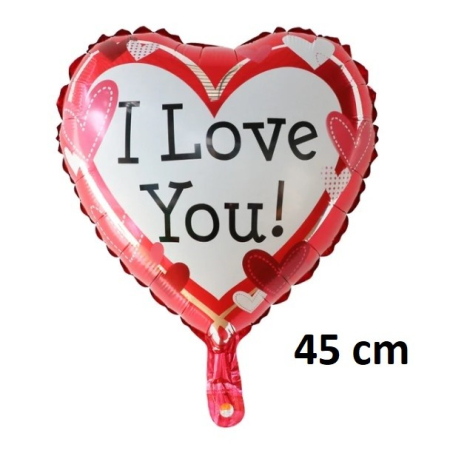 Balon din Folie Metalizata, , Figurina Inima, Model I Love You, Tema Ziua Indragostitilor, 45 cm, Ambalaj Individual, Pai Inclus, Umflare cu Aer sau Heliu, Rosu/Alb [1]
