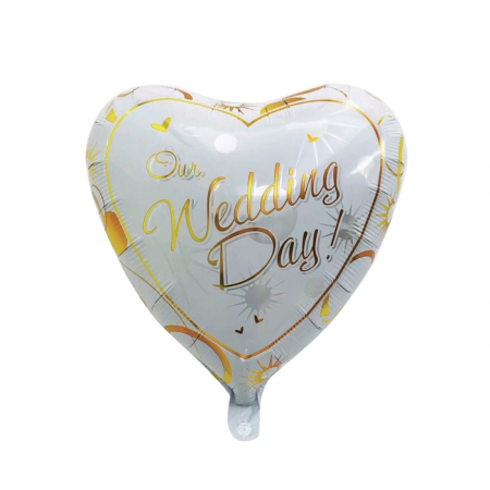 Balon din Folie Metalizata, , Figurina Inima, Model Our Wedding Day, Tema Nunta, 45 cm, Ambalaj Individual, Pai Inclus, Umflare cu Aer sau Heliu, Alb/Auriu [1]