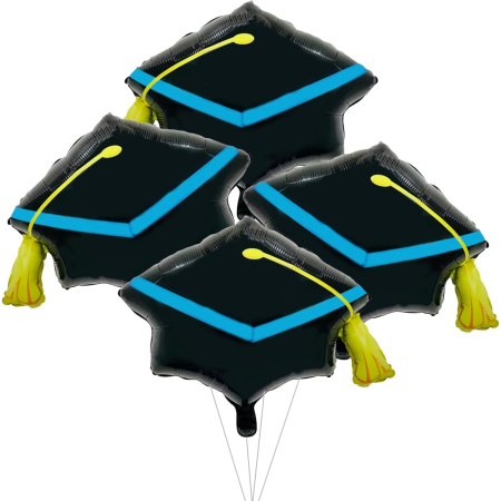 Balon din Folie Metalizata, , Figurina, Model Toca Congrats Grad, Tematica Absolvire, 56x70 cm, Ambalaj Individual, Pai Inclus, Umflare cu Aer sau Heliu, Negru-Albastru [5]